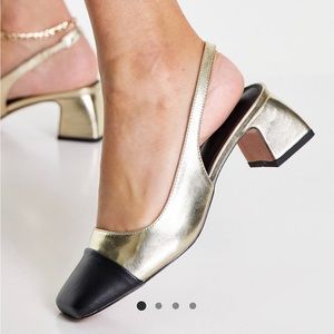 Gold slingback block heeled shoes